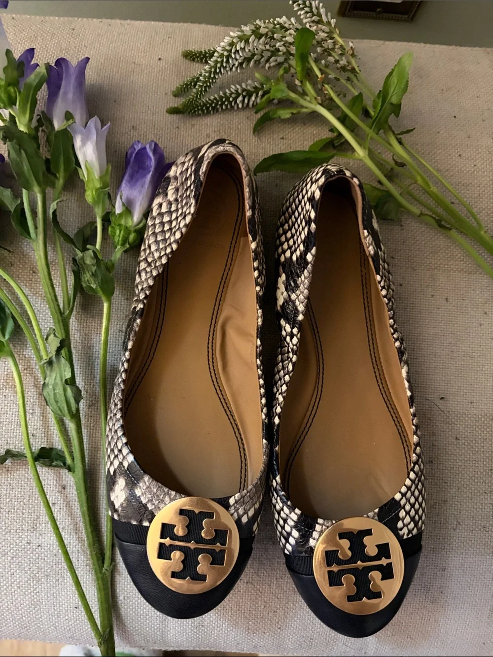 Tory Burch Snake-Print Leather Ballet Flats with Gold Logo
